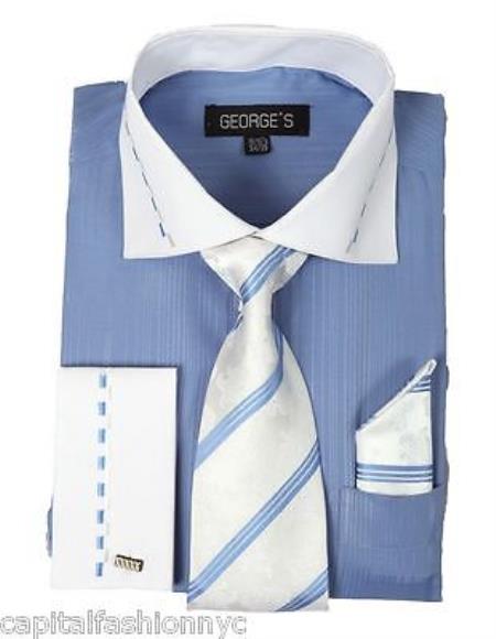 Casual Formal Tie Handkerchief Set White Collar Two Toned Contrast Tonal Striped Multi-Color Men's Dress Shirt With Tie - Large 16.5" Neck / 36-37" sleeve