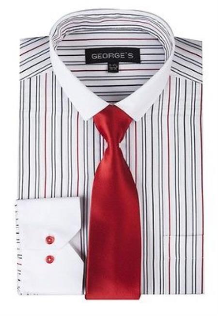 Striped Solid Tie And Slim Collar Style White Collar Two Toned Contrast Multi-Color Men's Dress Shirt - Large 16.5" Neck / 36-37" sleeve