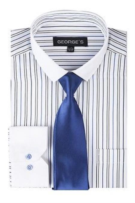Striped Solid Tie And Slim Collar Style White Collar Two Toned Contrast Multi-Color Men's Dress Shirt