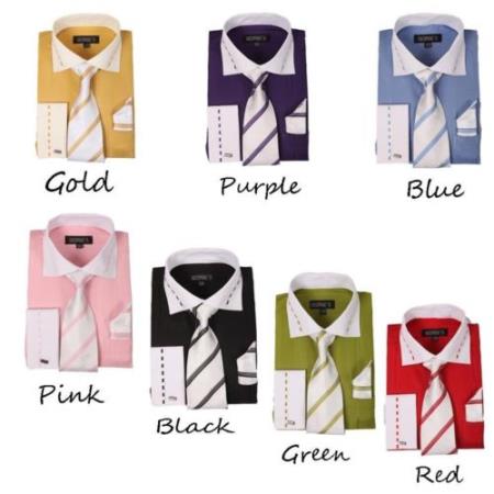 Fashion Tie&Hanky French Cuff Style White Collar Two Toned Contrast Multi-Color Men's Dress Shirt - Large 16.5" Neck / 36-37" sleeve