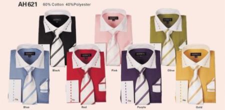 Fashion Tie&Hanky French Cuff Style White Collar Two Toned Contrast Multi-Color Men's Dress Shirt
