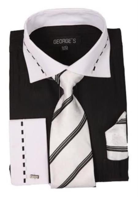 Fashion Tie&Hanky French Cuff Style White Collar Two Toned Contrast Multi-Color Men's Dress Shirt - Large 16.5" Neck / 36-37" sleeve