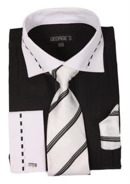 Fashion Tie&Hanky French Cuff Style White Collar Two Toned Contrast Multi-Color Men's Dress Shirt