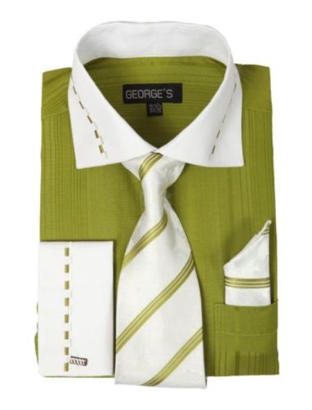 Fashion Tie&Hanky French Cuff Style White Collar Two Toned Contrast Multi-Color Men's Dress Shirt - Large 16.5" Neck / 36-37" sleeve