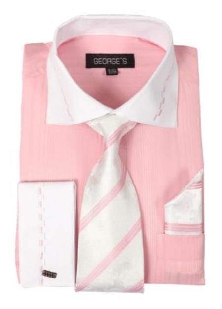 Fashion Tie&Hanky French Cuff Style White Collar Two Toned Contrast Multi-Color Men's Dress Shirt - Large 16.5" Neck / 36-37" sleeve