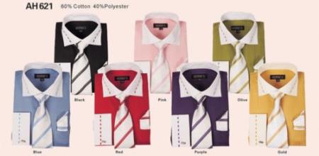 Fashion Tie&Hanky French Cuff Style White Collar Two Toned Contrast Multi-Color Men's Dress Shirt - Large 16.5" Neck / 36-37" sleeve