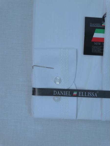 Men's Mandarin Banded Collar Pastor Preacher Preacher Round Style Long Sleeve White/White Collarless Shirt - Small 14.5" Neck / 32-33" Sleeve