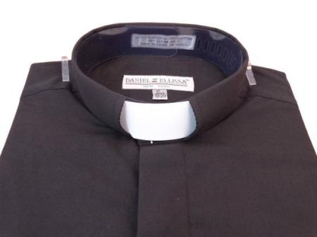 Men's Mandarin Banded Collar Pastor Preacher Minister Preacher Round Style Short Sleeve Black Collarless Shirt - Small 14.5" Neck / 32-33" Sleeve