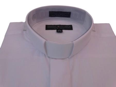 Men's Mandarin Banded Collar Pastor Preacher Minister Short Sleeve Preacher Round Style White Collarless Shirt - XL 17.5" Neck / 36-37" Sleeve
