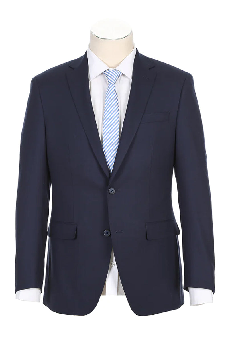 "Modern Fit Navy Blue Wool Suit - Men's Designer Two Button Half Canvas"