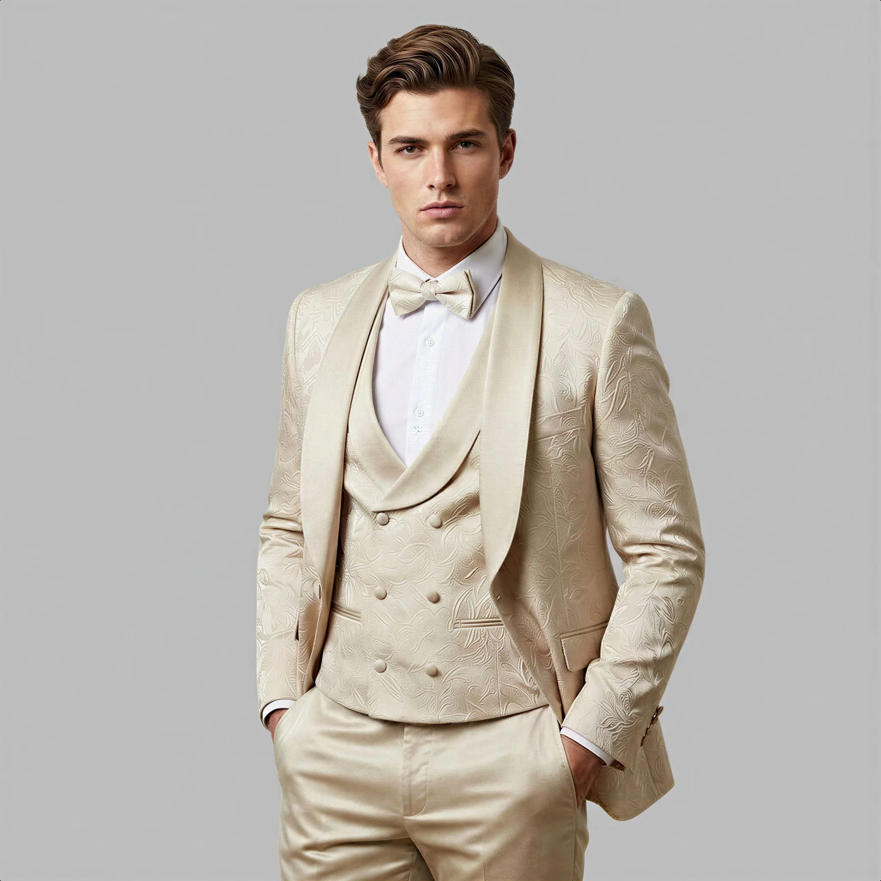 Tan Floral Shawl Lapel Tuxedo Set – Wedding and Prom - 34 Short or Extra Small
