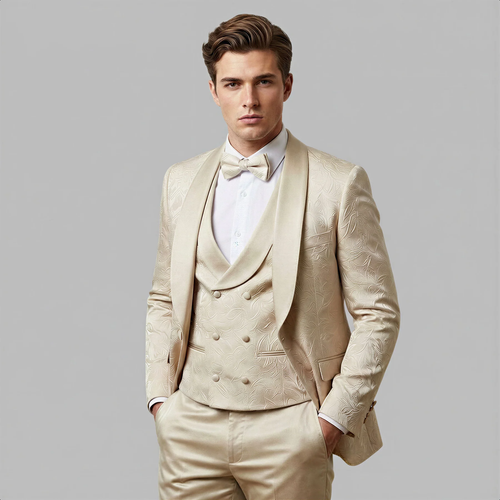 Tan Floral Shawl Lapel Tuxedo Set – Wedding and Prom