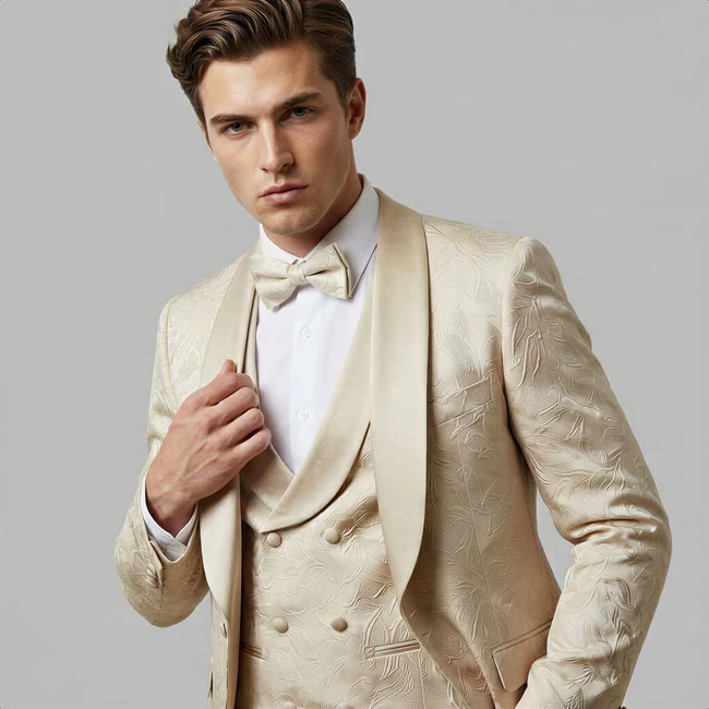 Tan Floral Shawl Lapel Tuxedo Set – Wedding and Prom - 34 Short or Extra Small