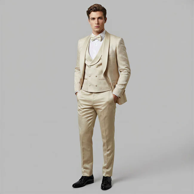 Tan Floral Shawl Lapel Tuxedo Set – Wedding and Prom - 34 Short or Extra Small