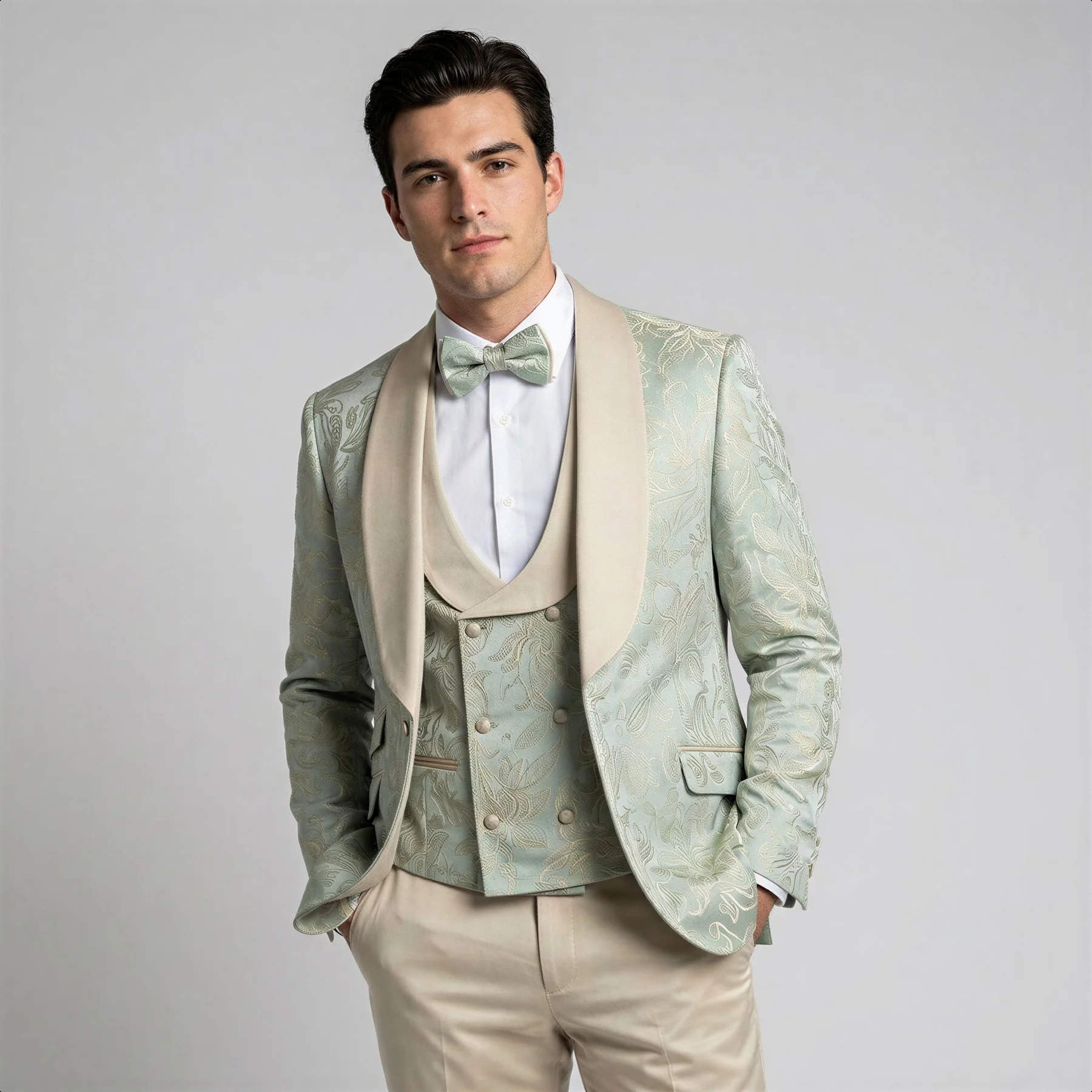 Sage Floral Shawl Lapel Tuxedo Set – Wedding and Prom - 34 Short or Extra Small