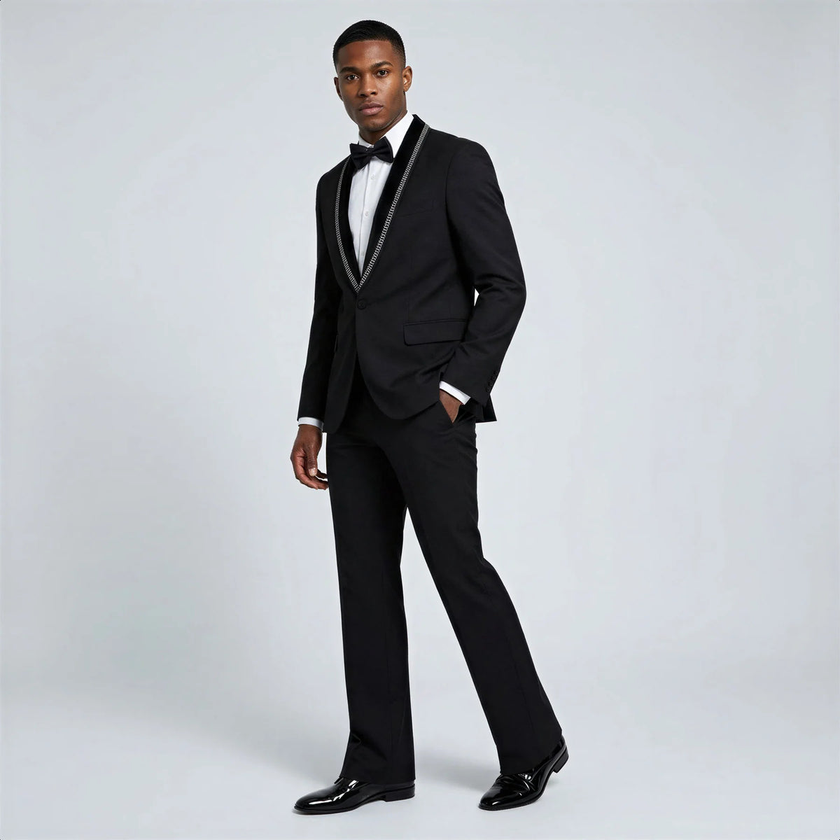 Bootcut wedding suit Black Shawl Lapel Bootcut Tuxedo with Stone Trim – Prom and Wedding