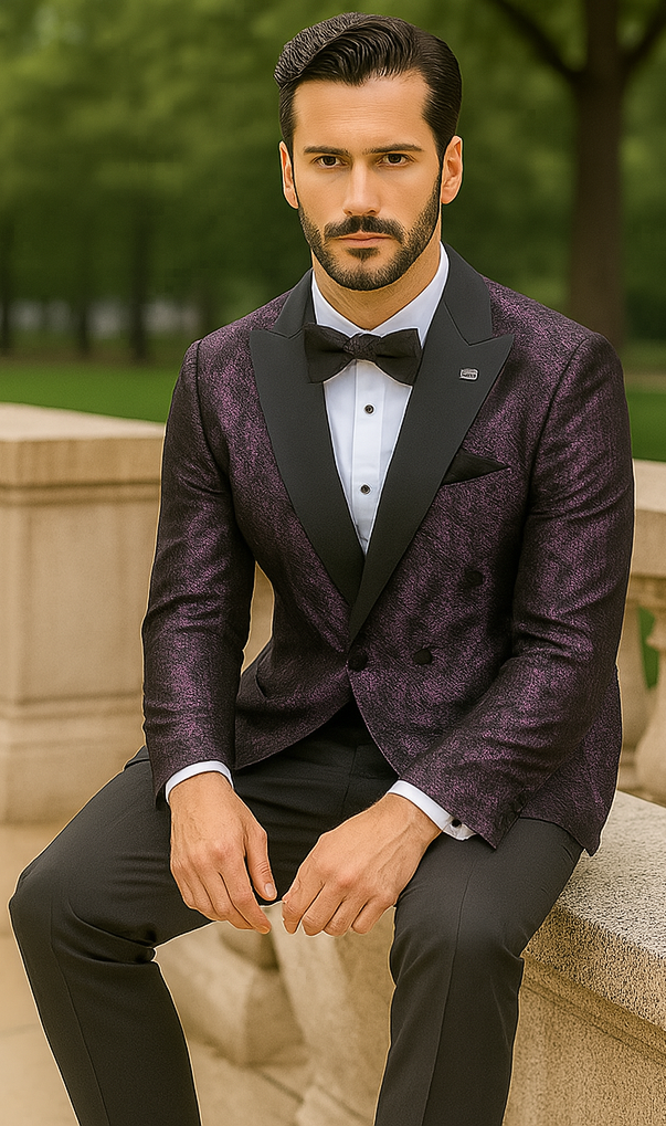 Purple Double Breasted Rough Streak Pattern Satin Peak Lapel Stacy Adams Men's Jacket - 34 Short or Extra Small
