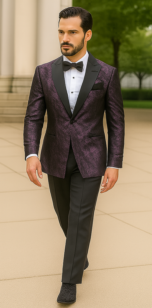 Purple Double Breasted Rough Streak Pattern Satin Peak Lapel Stacy Adams Men's Jacket - 34 Short or Extra Small
