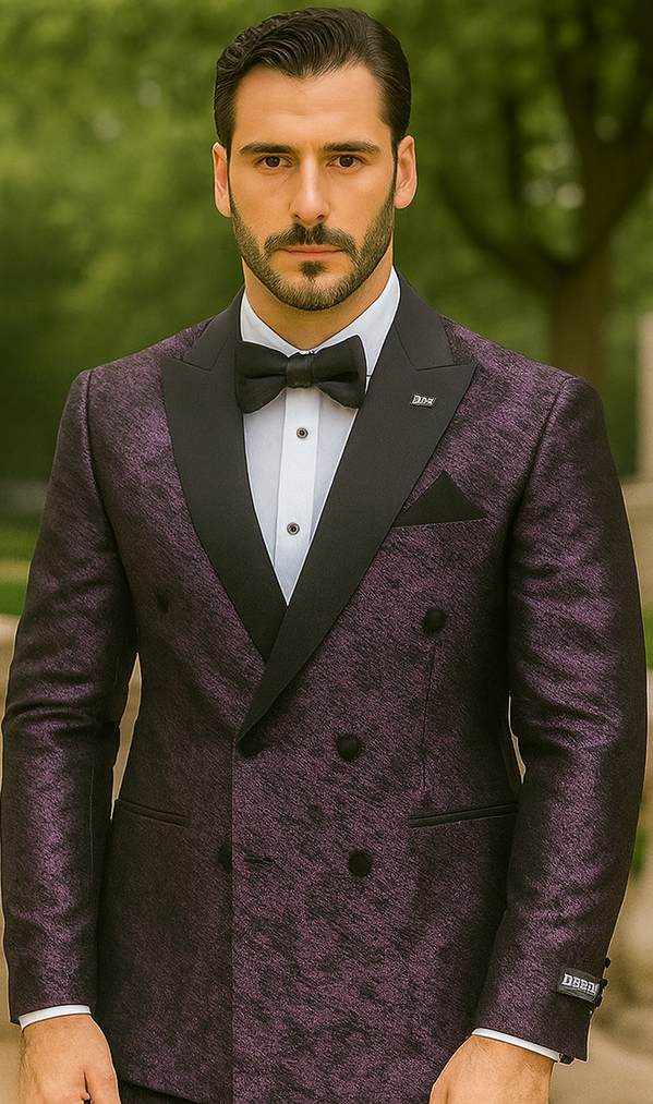 Purple Double Breasted Rough Streak Pattern Satin Peak Lapel Stacy Adams Men's Jacket - 34 Short or Extra Small