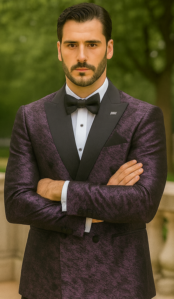 Purple Double Breasted Rough Streak Pattern Satin Peak Lapel Stacy Adams Men's Jacket - 34 Short or Extra Small