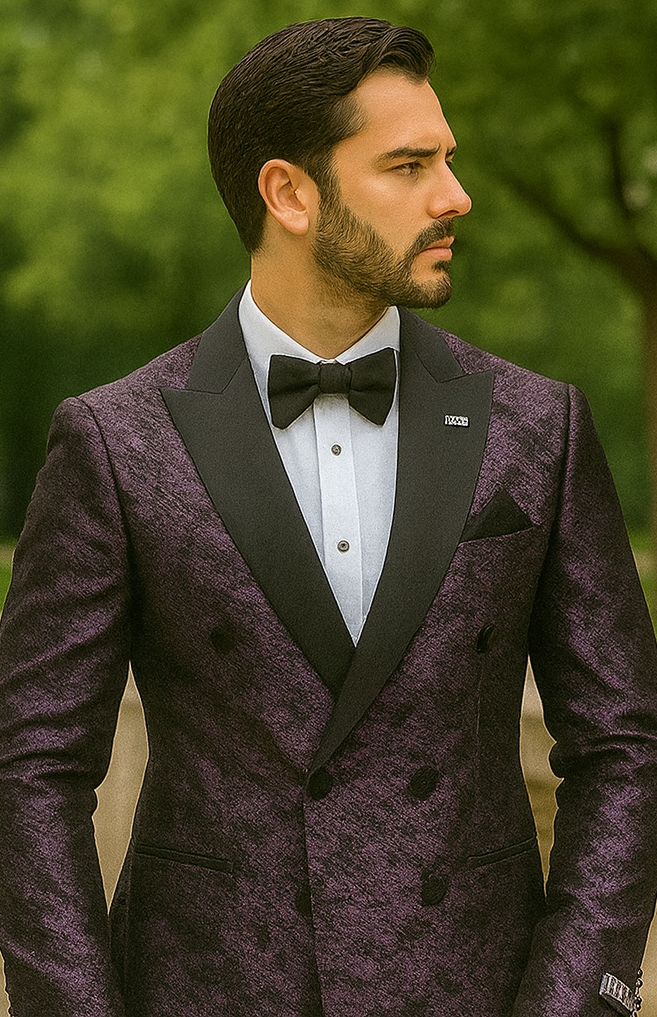 Purple Double Breasted Rough Streak Pattern Satin Peak Lapel Stacy Adams Men's Jacket - 34 Short or Extra Small