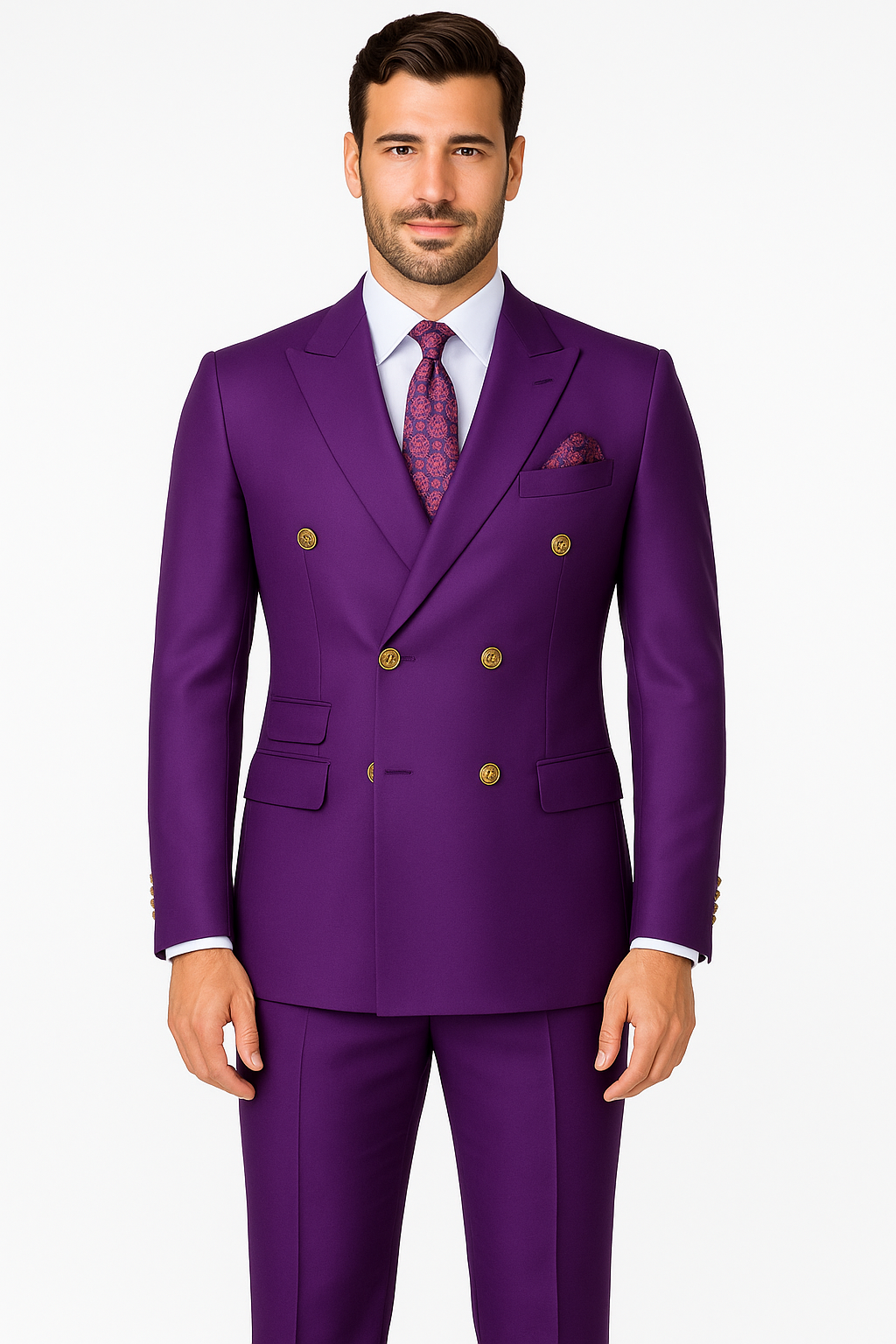 Best Mens Designer Modern Fit Double Breasted Wool Suit with Gold Buttons in Purple - For Men  Fashion Perfect For Wedding or Prom 2026 or Business  or Church - Purple and Plum Prom 2026 Suits - 36 regular