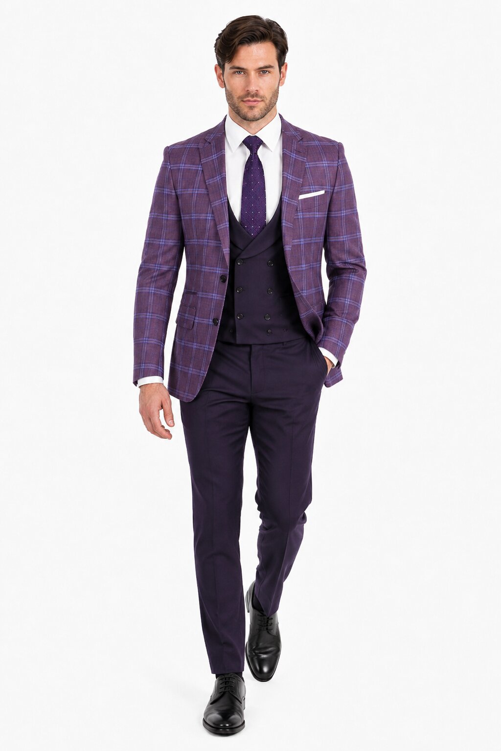 Mens 2 Button Suit with Low Cut Vest in Eggplant | Purple Plaid - 36 Short