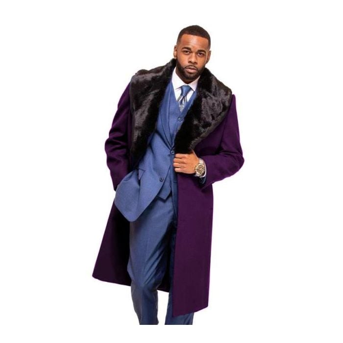 Purple Overcoat ~ Long Men's Dress Topcoat - Winter Coat With Fur Collar