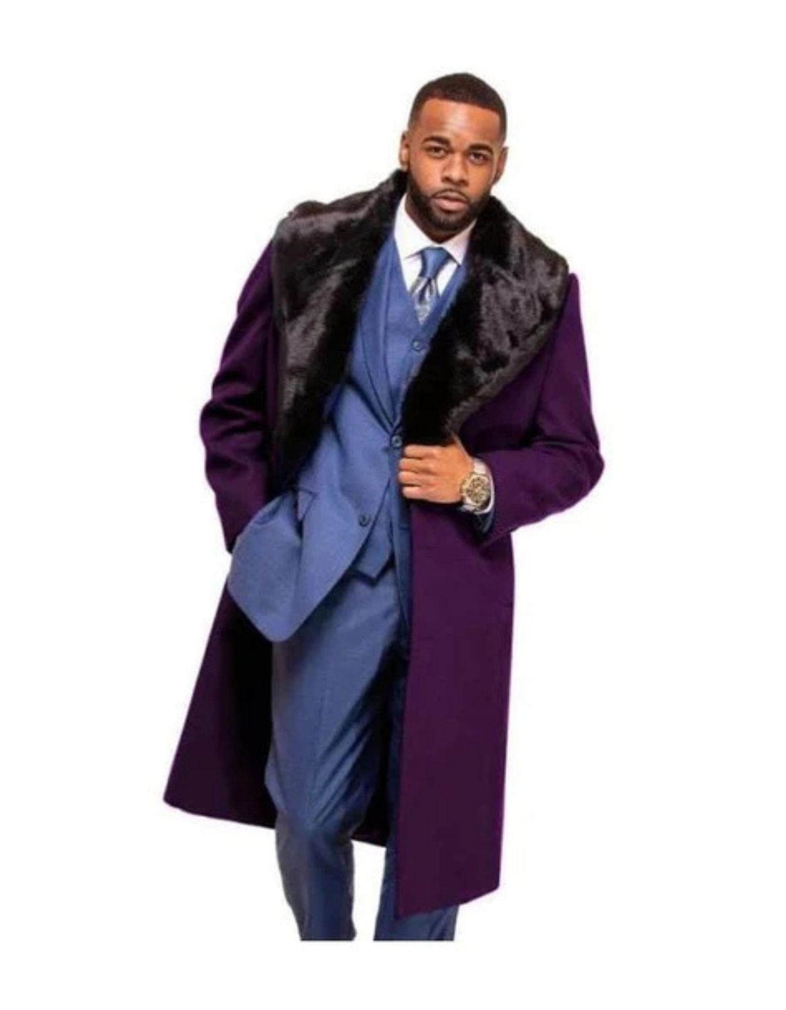 Purple Overcoat ~ Long men's Dress Topcoat - Winter coat With Fur Collar And Wool Fabric