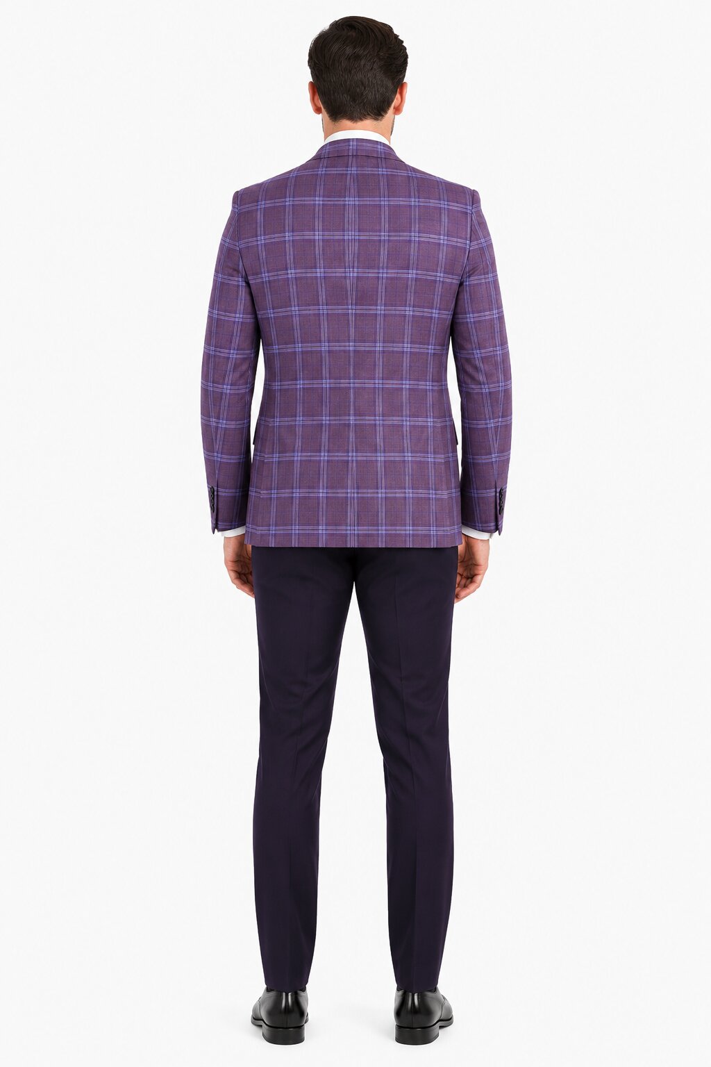 Mens 2 Button Suit with Low Cut Vest in Eggplant | Purple Plaid - 36 Short