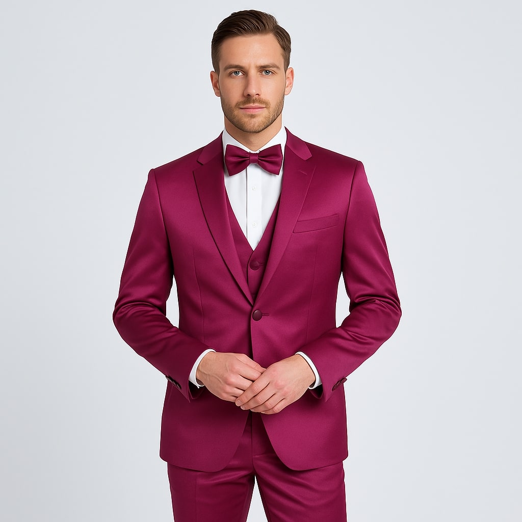 Purple Satin Tuxedo Set â€“ 4-Piece Statement for Weddings & Proms - 34R Coat - 28 Waist