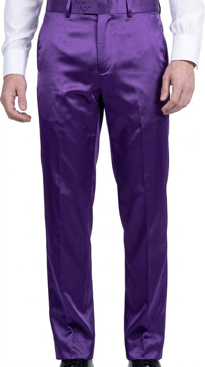 Mens Shiny Stretch Pants Solid Color Slim Fit Sateen Flashy Metallic Slacks in Color "Purple"