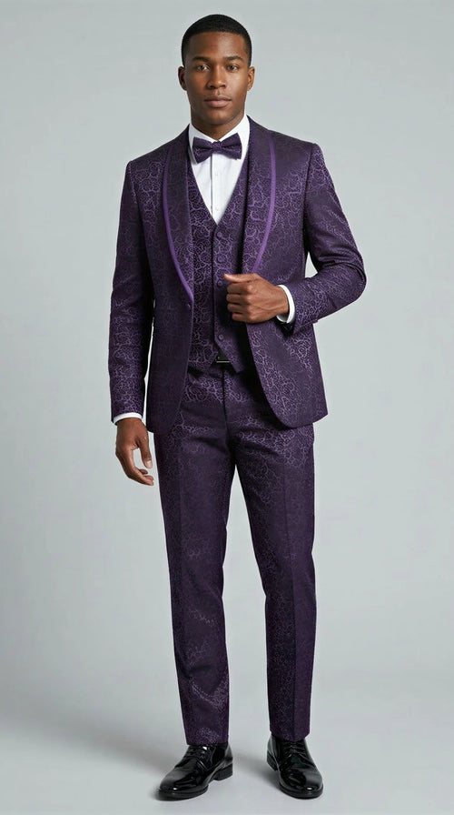 Men's Purple Floral Shawl Lapel Tuxedo Set with Satin Trim for Wedding & Prom