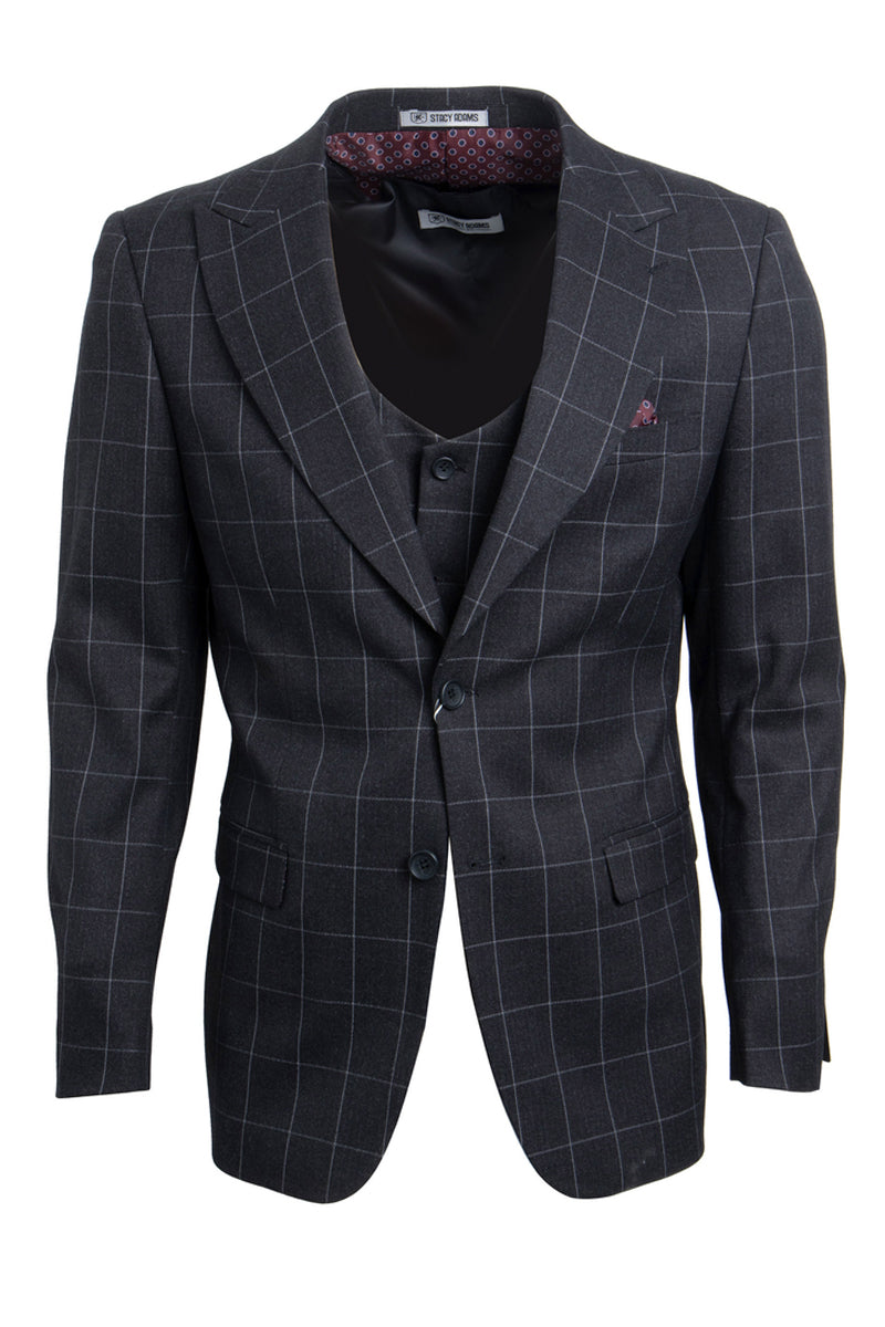 "Stacy Adams Suit Men's Charcoal Grey Windowpane Plaid Suit - Two Button Vested Peak Lapel"