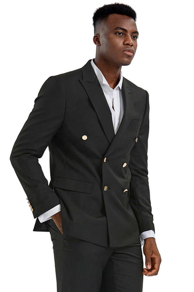 "Black Men's Slim Fit Wedding Suit - Double Breasted with Gold Buttons" - 34 Short
