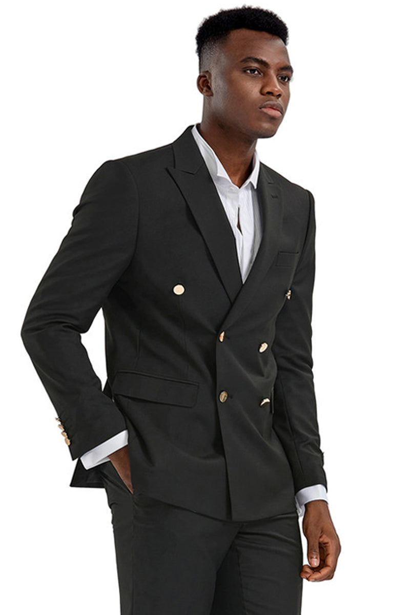 "Black Men's Slim Fit Wedding Suit - Double Breasted with Gold Buttons"