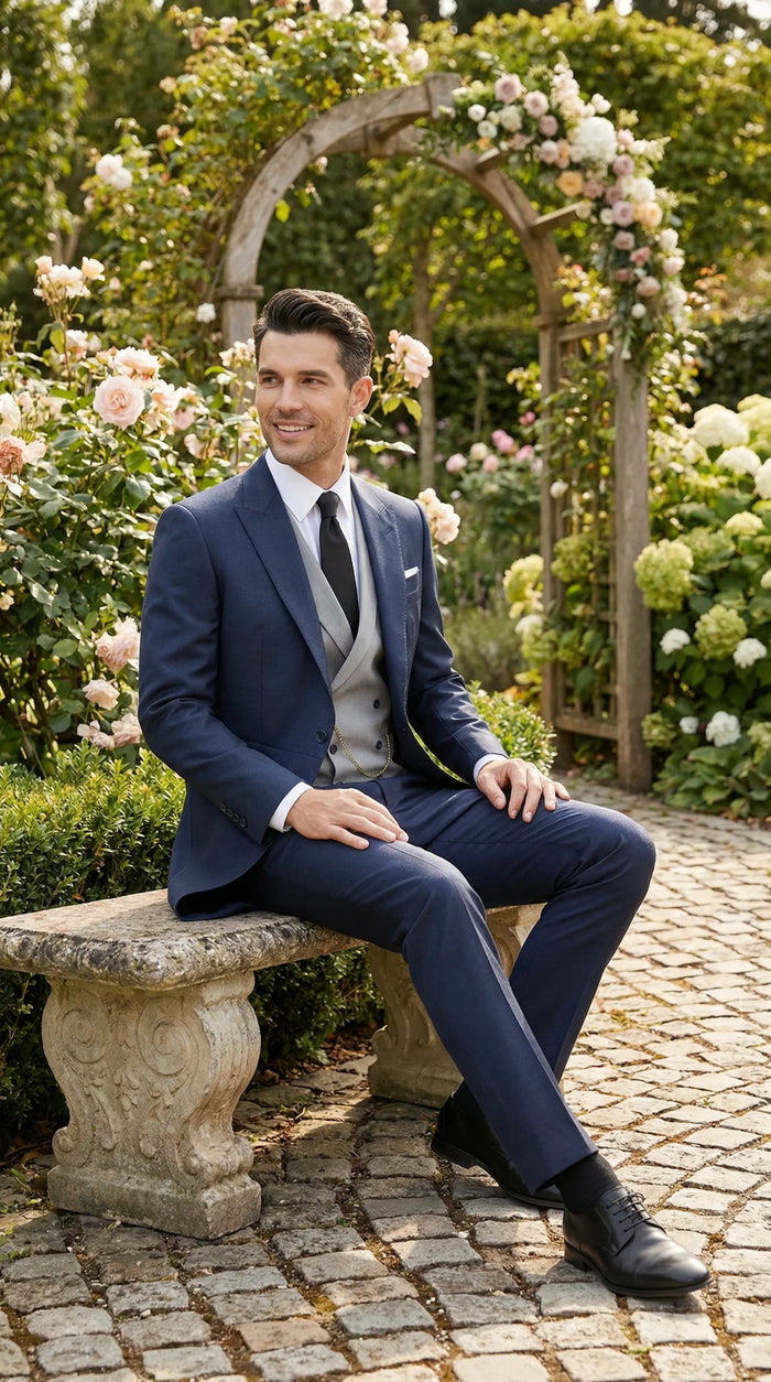Mens Navy Blue Three Piece Formal Suit Cutaway Tuxedo Blazer Trousers for Wedding Tailcoat