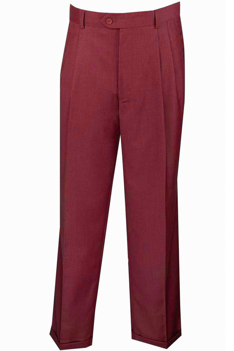 Mens Classic Fit Single Pleat Dress Slacks in Burgundy - 28W