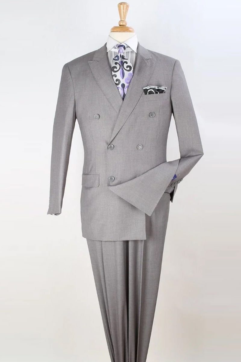 "Classic Men's Double Breasted Luxury Wool Suit - Light Grey"