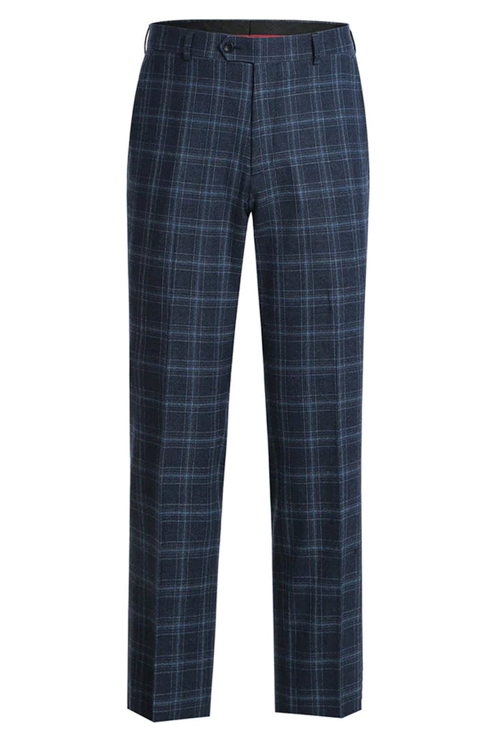 "Men's Slim Fit Two Button Summer Suit - Navy Windowpane Plaid" blue