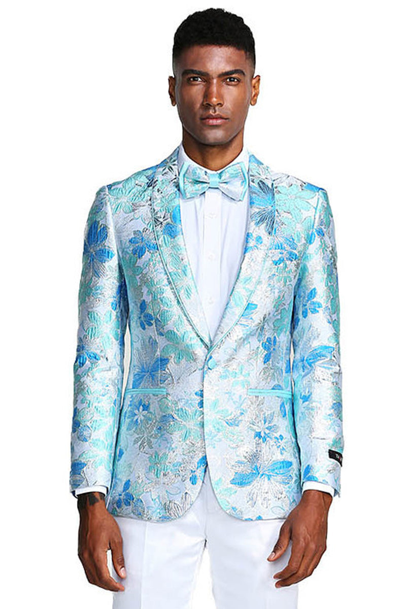 Paisley Prom Tuxedo Jacket - Men's Slim Fit in Sky Blue & Silver