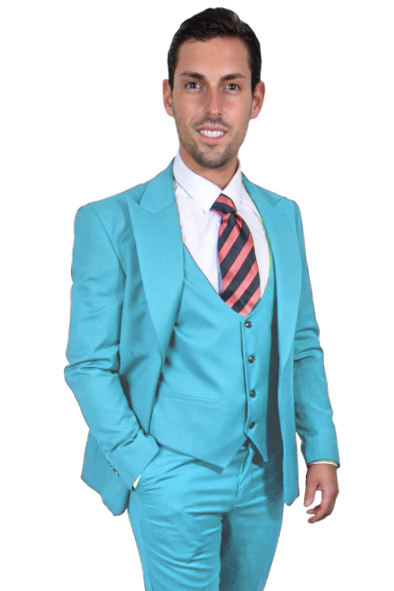 "Mens Stacy Adams Suit -Stacy Adams Suit Men's Vested Suit - One Button Peak Lapel in Sky Blue" - 34 Regular