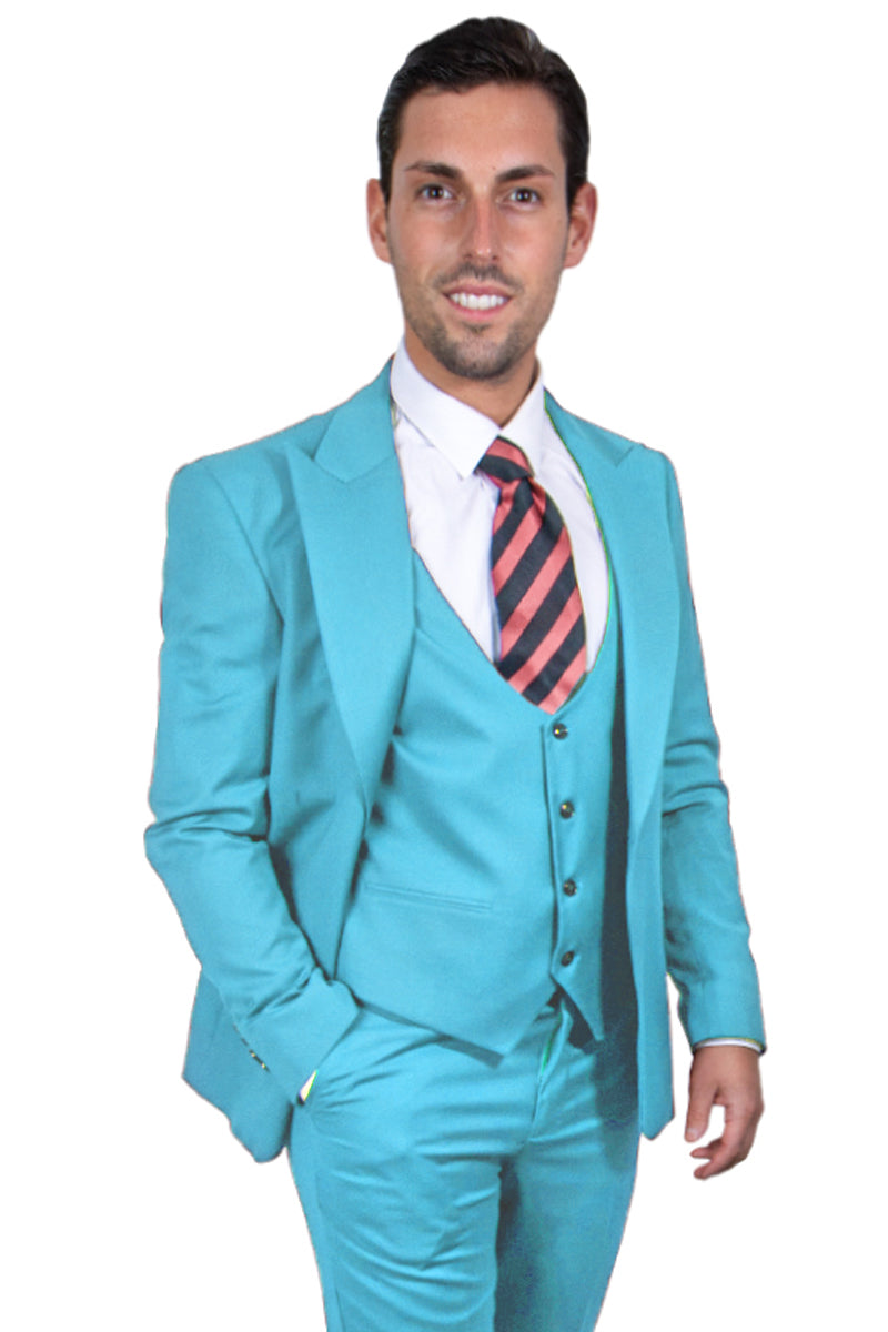 "Stacy Adams Men's Vested Suit - One Button Peak Lapel in Sky Blue"