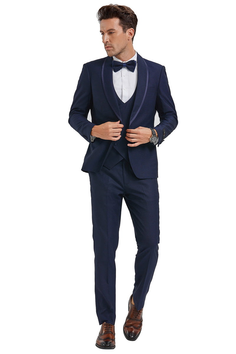 "Men's Navy One Button Shawl Tuxedo with Blue Satin Trim" - 56 Regular