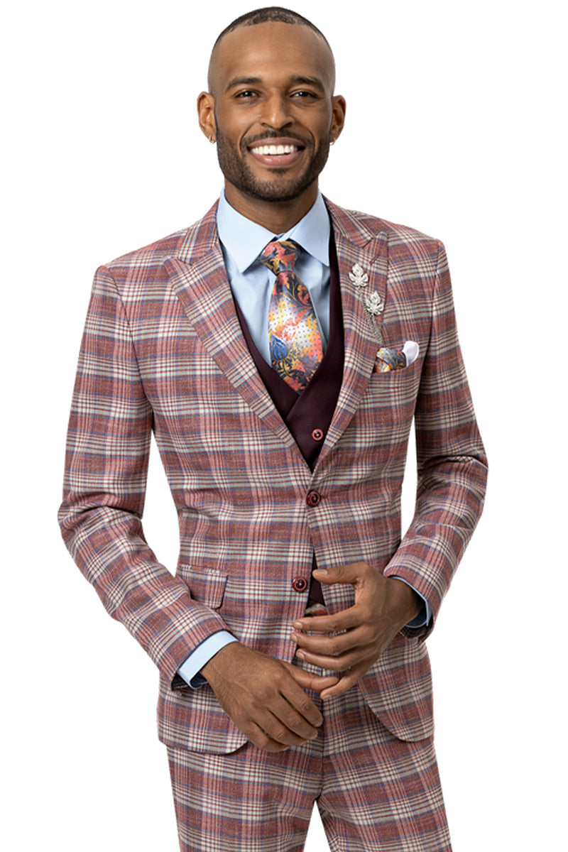 "Modern Fit Men's Double Breasted Vest Suit - Burgundy Windowpane Plaid"