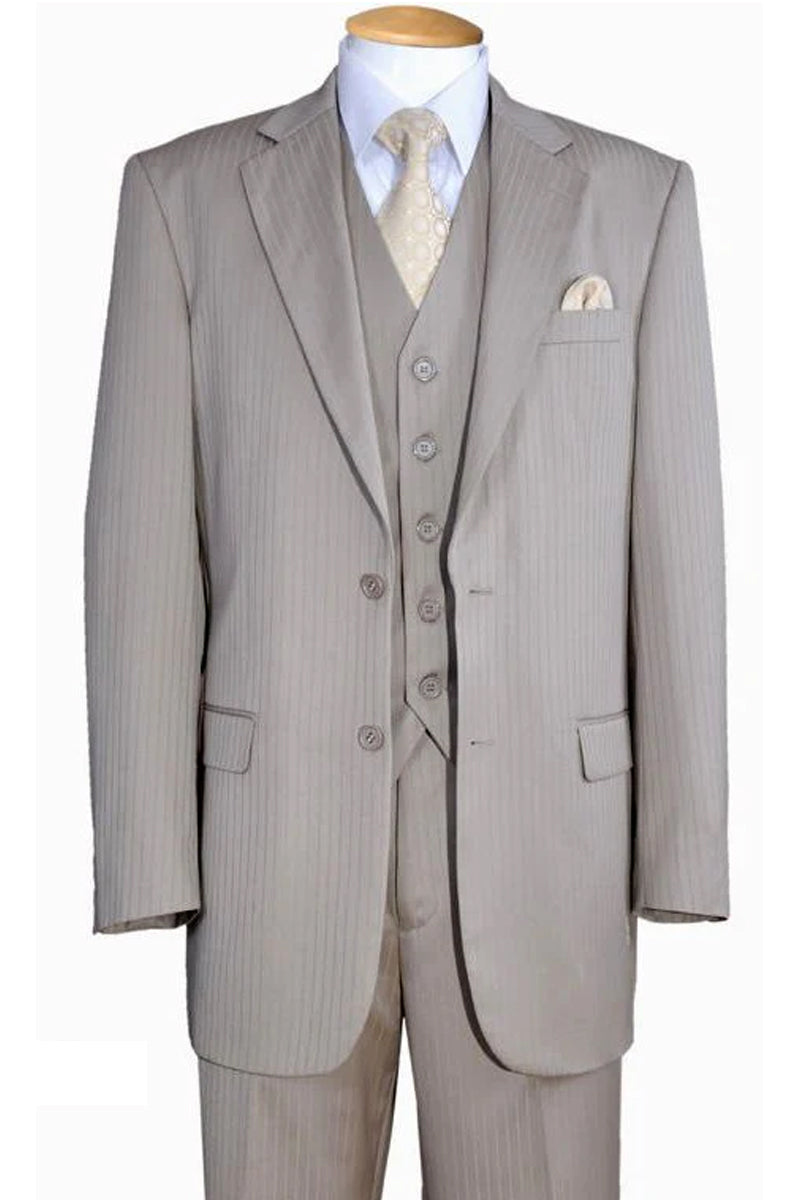 "Tan Pinstripe Wool-Feel Men's Suit with 2-Button Vest" - 38 Long