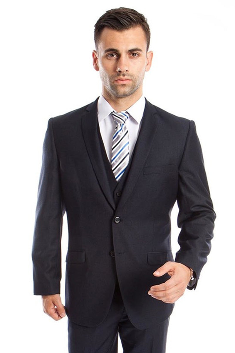 "Navy Blue Slim Fit Men's Wedding Suit - Two Button Basic Vested"