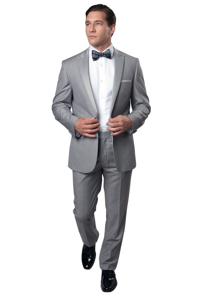 "Light Grey Men's Slim Fit Tuxedo - One Button, Satin Trim, Peak Lapel for Prom & Wedding"