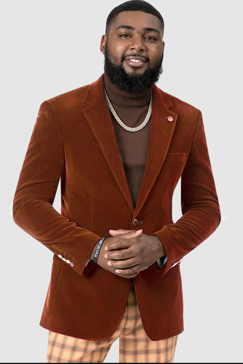 "Modern Fit Velvet Blazer for Men - Two Button Style in Rust"