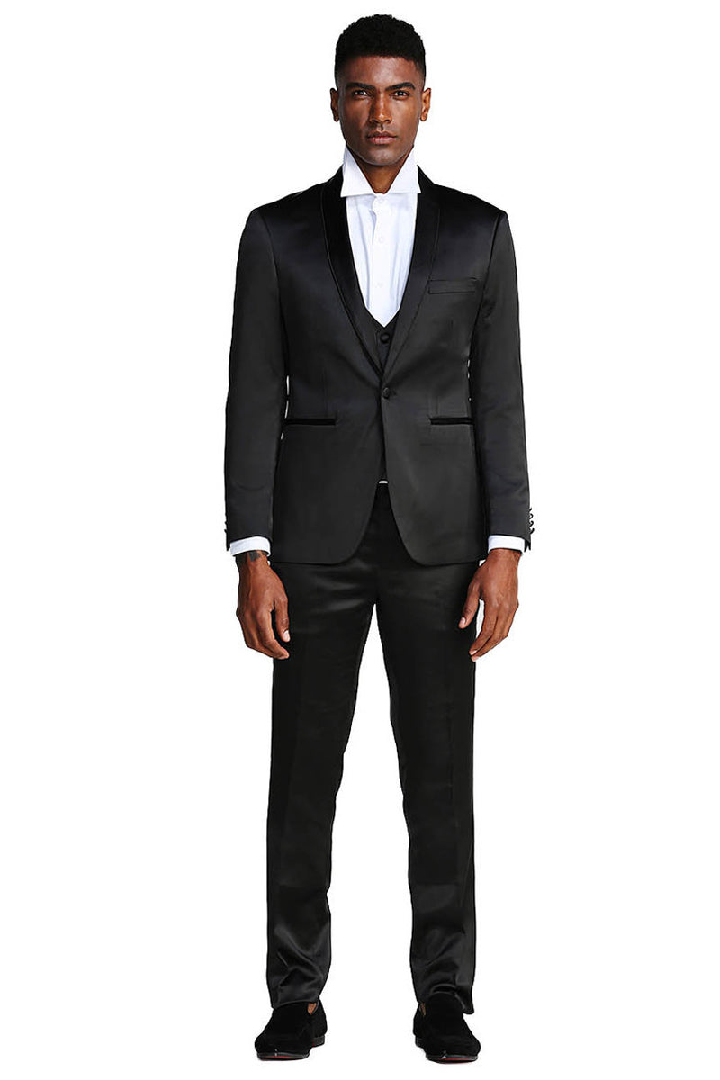 "Black Men's Slim Fit Satin Tuxedo Suit - Vested Prom & Wedding Attire"